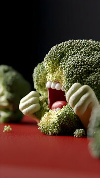 Naklejki Playful Broccoli Character Eating Itself on Red Surface