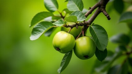 Green Apples Growing on a Branch