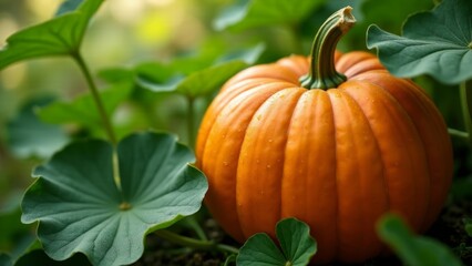 Orange Pumpkin Among Green Leaves