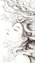 Serene Woman with Branching Hair: Monochrome Portrait