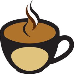 Steaming Coffee Cup Illustration, This image features a stylized illustration of a coffee cup filled with a rich, aromatic brew. The cup is designed with a warm brown color