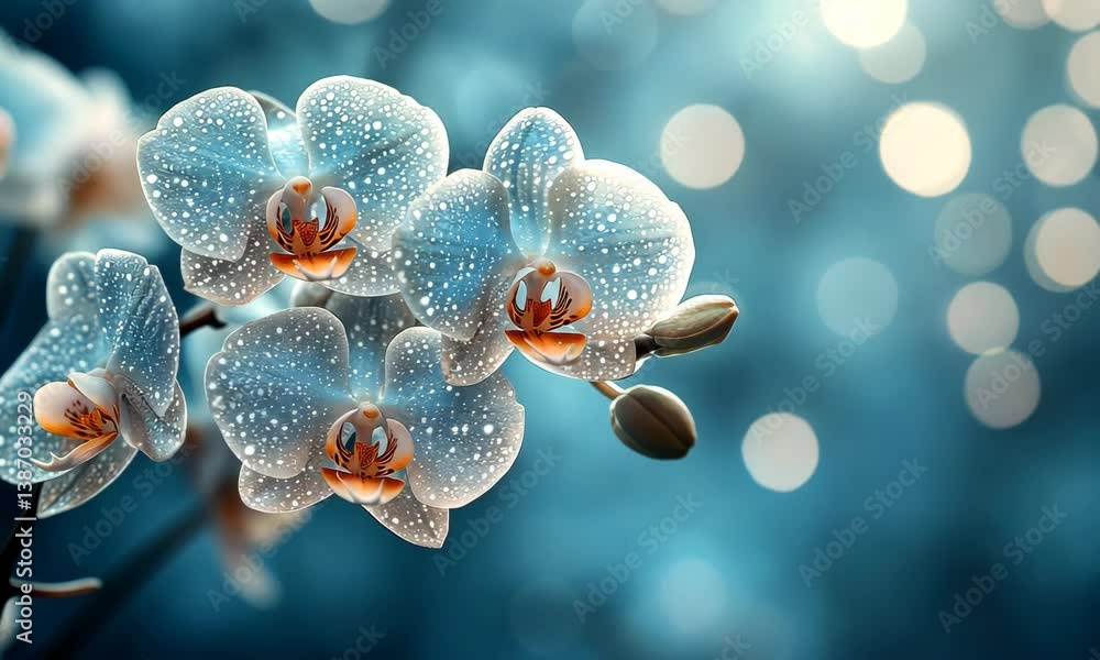 Poster dreamy close-up of frosted orchids with bokeh lights creating a serene atmosphere