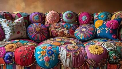 Fototapeta premium Unique Multi-Colored Sectional with Patchwork and Throw Pillows