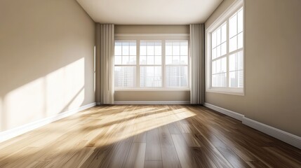 Fototapeta premium Contemporary Empty Bedroom. Modern Room with Hardwood Flooring and Large Window for Virtual Decor Inspiration