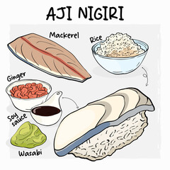 Aji Nigiri Sushi Illustration Recipe with Ingredients