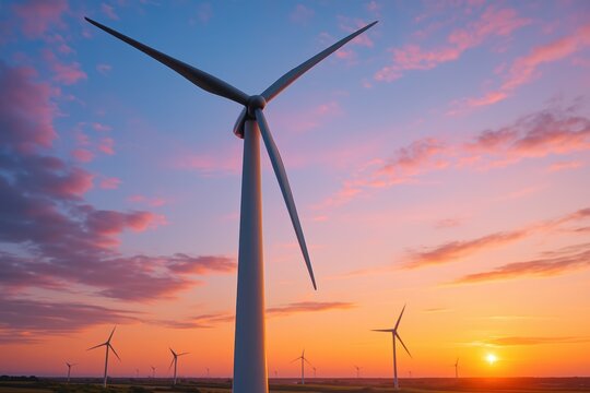 Wind turbines at sunset: renewable energy landscape with vibrant sky.