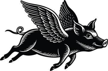 Whimsical Flying Pig – Engraved Vector Art

