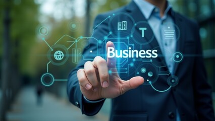 Businessman Touching Digital Business Interface Screen
