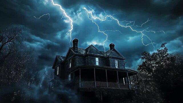 Thunderstorm lightning striking a house at night with ominous clouds, a house thunderstorm lightning strike video in background