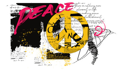 grunge urban typography, Peace hand drawn made symbol. typography street art graffiti slogan print with spray effect, text splash t shirt print patterns, t shirt graphics print vector design.eps © Sukman