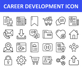 Career Development Icon Set for Business and Web, Collection of thin line icons representing career development, recruitment, skills growth, and online business tools for websites or apps.