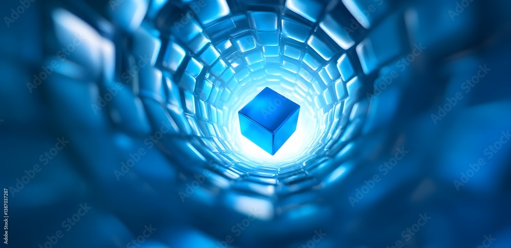 Poster a glowing blue cube at the end of a tunnel-like structure