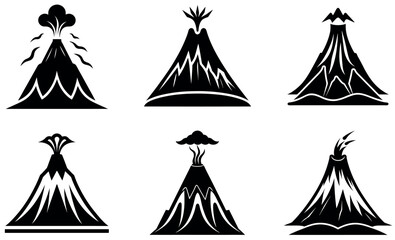This image features six simple, black and white icons of volcanoes in various states.