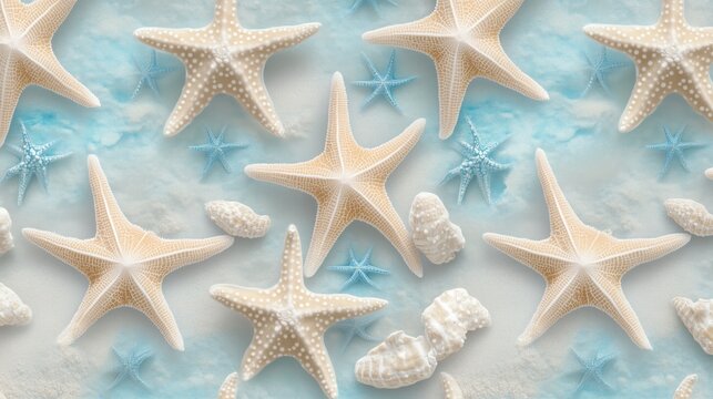 A collection of starfish and seashells on a sandy beach background.