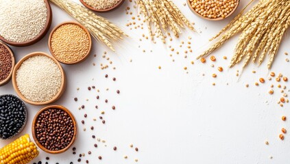 Diverse grains and seeds in bowls