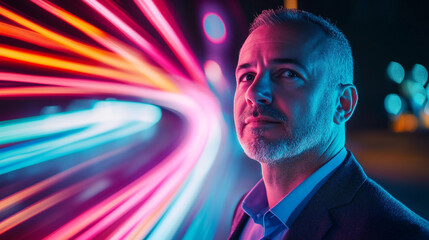 Portrait of a man in a suit against a background of blurred colorful light trails at night time