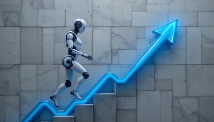 humanoid robot standing next to rising arrow steps representing ai-driven progress and technological evolution in futuristic design