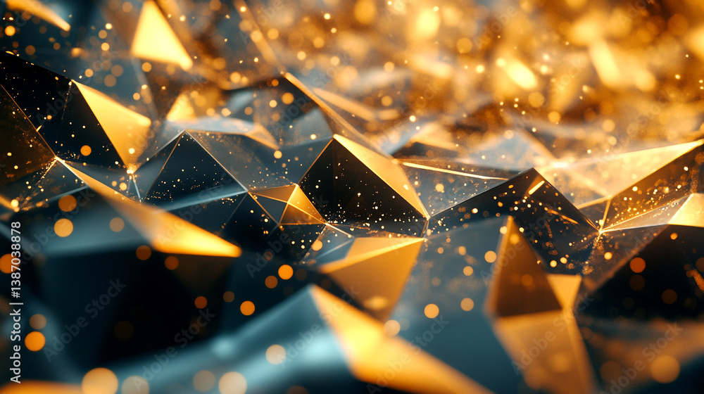 Poster abstract low poly background with golden light and dark blue facets and bokeh effect in the backdrop