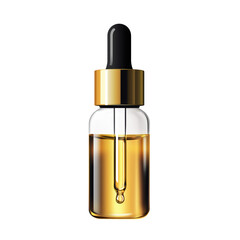 Naklejka premium Realistic illustration of a glass dropper bottle with black and gold cap, filled with golden serum or essential oil isolated on transparent background.