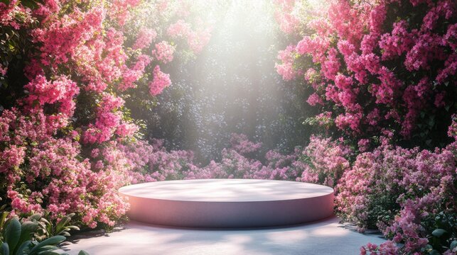 Empty podium in the center of a beautiful flower garden, with soft pastel colors and a romantic atmosphere 
