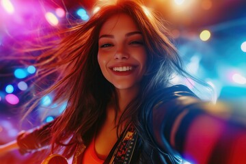 Fototapeta premium Smiling young caucasian female enjoying concert with vibrant light show.