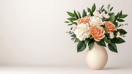 Fototapeta premium Peach and White Flower Bouquet in Cream Vase