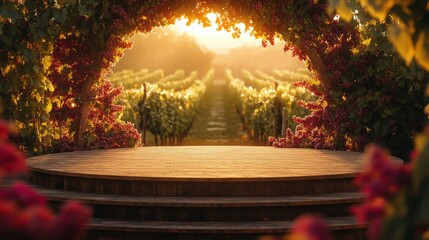 Empty podium set in a romantic vineyard, with rows of grapevines bathed in golden hour light 