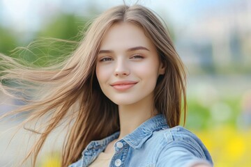 Naklejka premium Young caucasian female smiling outdoors with flowing blonde hair in nature.