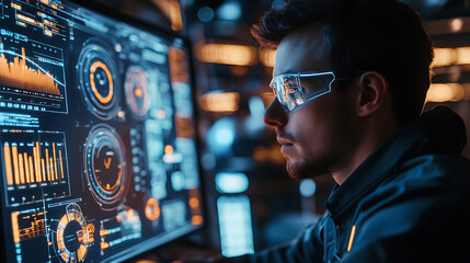 A aerospace engineer developing advanced ion propulsion systems for space exploration, high-tech space lab with real-time propulsion testing and ion engine simulations, Futuristic style