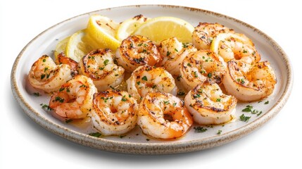 A plate of grilled shrimp with garlic butter and lemon wedges. Featuring flavor and freshness