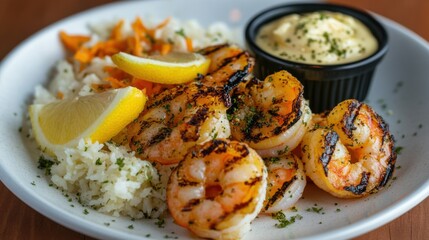 A plate of grilled shrimp with garlic butter and lemon wedges. Featuring flavor and freshness