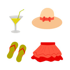 Summer clothing set Vector summertime Trend outfit. cocktail hat slates skirt. Design for sales banner poster web page advertising printed materials.