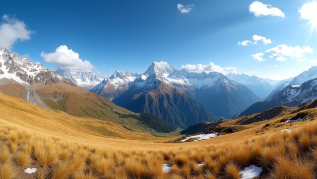 Alpine Meadow With Snow-Capped Mountain Peaks