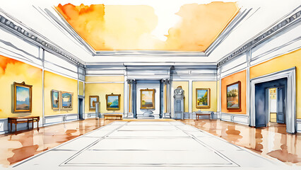 Watercolor Painting of Empty Art Gallery with Paintings and Open Door