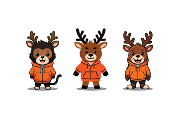 Trio of cartoon deer characters with orange hoodies, standing side by side, isolated on a white background, displaying cheerful expressions and unique features.