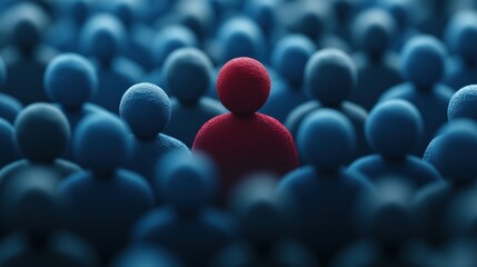 A single red figure stands out in a sea of blue figures, symbolizing individuality and uniqueness.