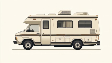 Classic beige camper van illustration, side view on white background.