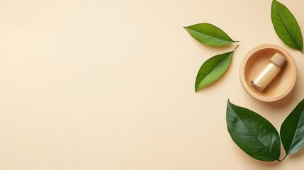 Natural aromatherapy oil in wooden bowl, leaves on pastel background. Possible use Wellness product photography