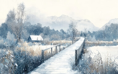 Retro-style Illustration of Natural Scenery in European Rural Areas
