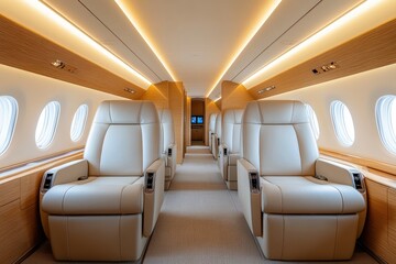 Private jet cabin featuring handcrafted leather seating and exotic wood paneling where executive travelers experience ultimate luxury during business flights, sophisticated aviation interior designed.