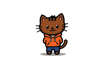 Obraz premium Cute Cartoon Cat Character in Orange Hoodie and Blue Pants Standing Isolated on White Background, Simple Vector Illustration
