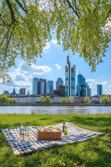 Bottle of beer and a tray of food are on a blanket by a river