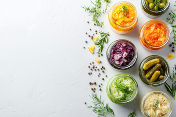 Assorted Fermented Vegetables in Jars with Herbs and Spices