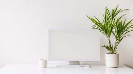 A white computer monitor sits on a white desk, next to a potted plant. A simple mug is also present. The image features a minimalist aesthetic with soft lighting. The color palette is predominantly