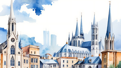 Naklejka premium Watercolor Cityscape Painting with Churches and Modern Buildings Art Illustration