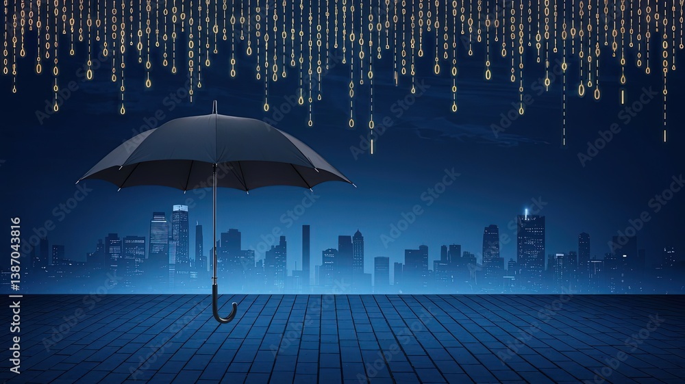 Poster cyber shield over city: a symbolic representation of digital security. an open umbrella shelters a c