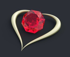 Gem golden heart on the dark background
