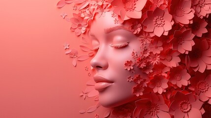 Fototapeta premium Floral Coral Woman Portrait, Peaceful Studio
