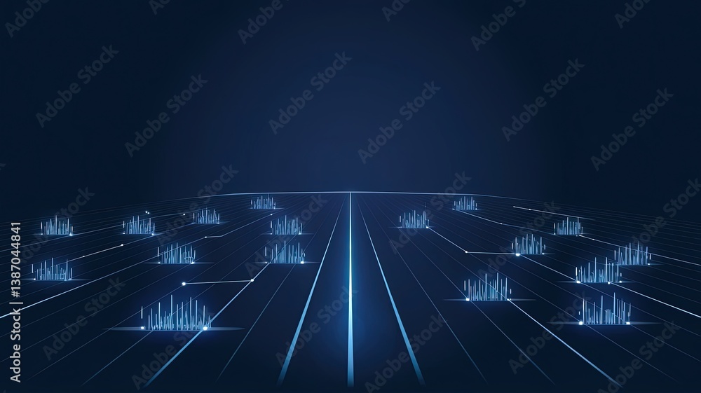 Poster digital network visualization: an abstract representation of a digital network, with data streams an