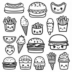 Cute kawaii food coloring pages, black and white line art, hot dog, strawberry, french fries, cheese slice, hamburger, ice cream cone